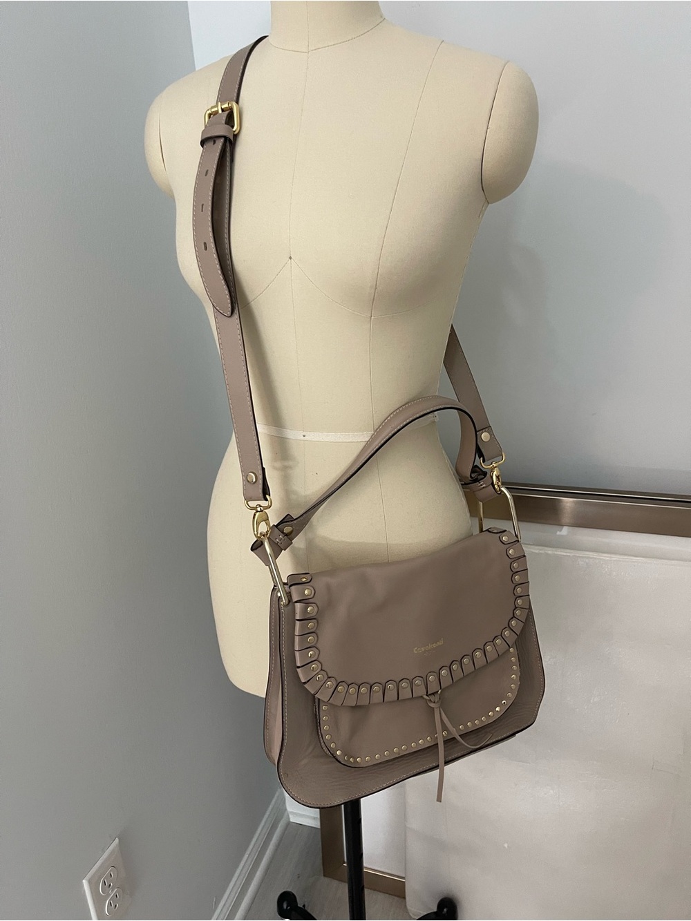 Vintage Cavalcanti Taupe Leather Shoulder/ Crossbody Saddle Bag with Studded-